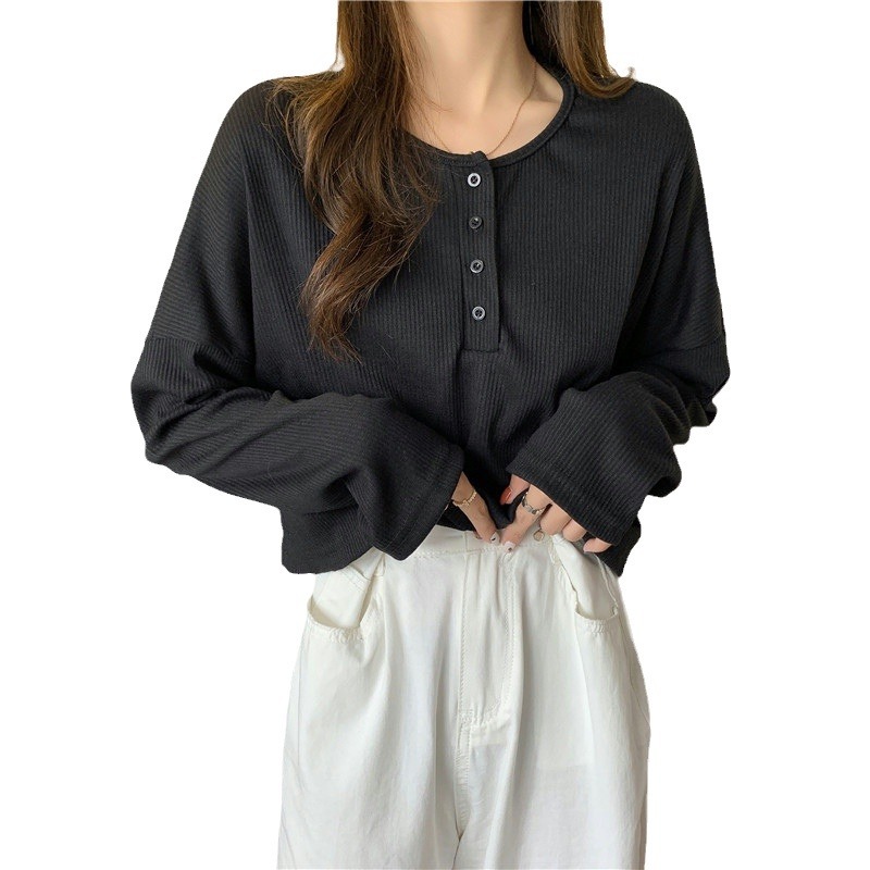 Womens Long Sleeve Sunrise Oversize Henley Black |  Long Sleeve Tops Long Sleeve Tops Black